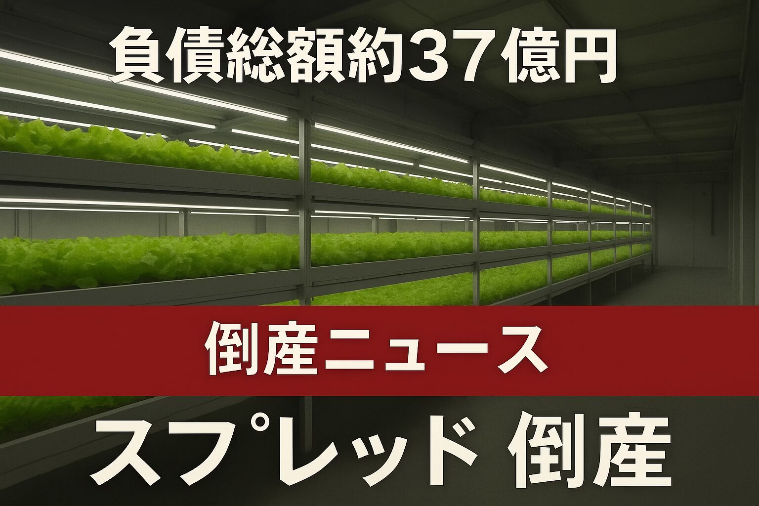 倒産ニュース　スプレッド倒産　負債総額約37億円　京都市の野菜工場内部を背景にした速報系アイキャッチ画像