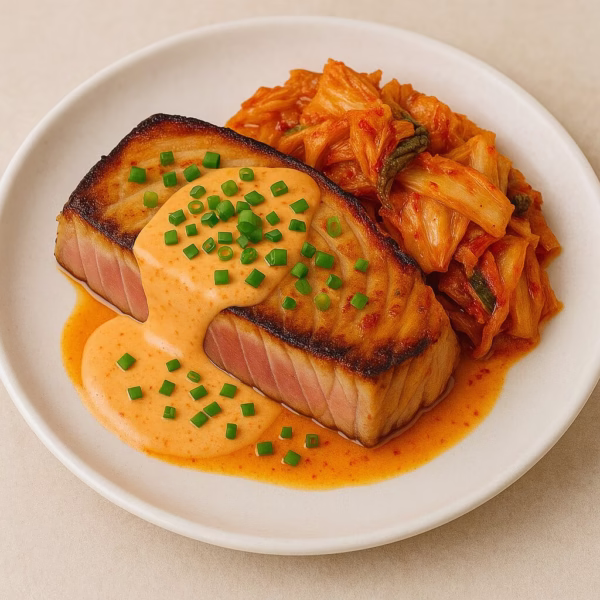 マグロのステーキとキムチ添え