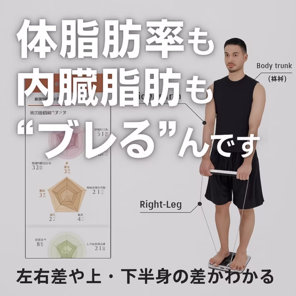 「体脂肪率も内臓脂肪もブレるんです！」という文字が強調された画像。男性がハンドル付き体組成計に乗り、アプリで全身＋部位別の測定結果が表示されている。左右・上下の体脂肪バランスもわかることを示す構成。