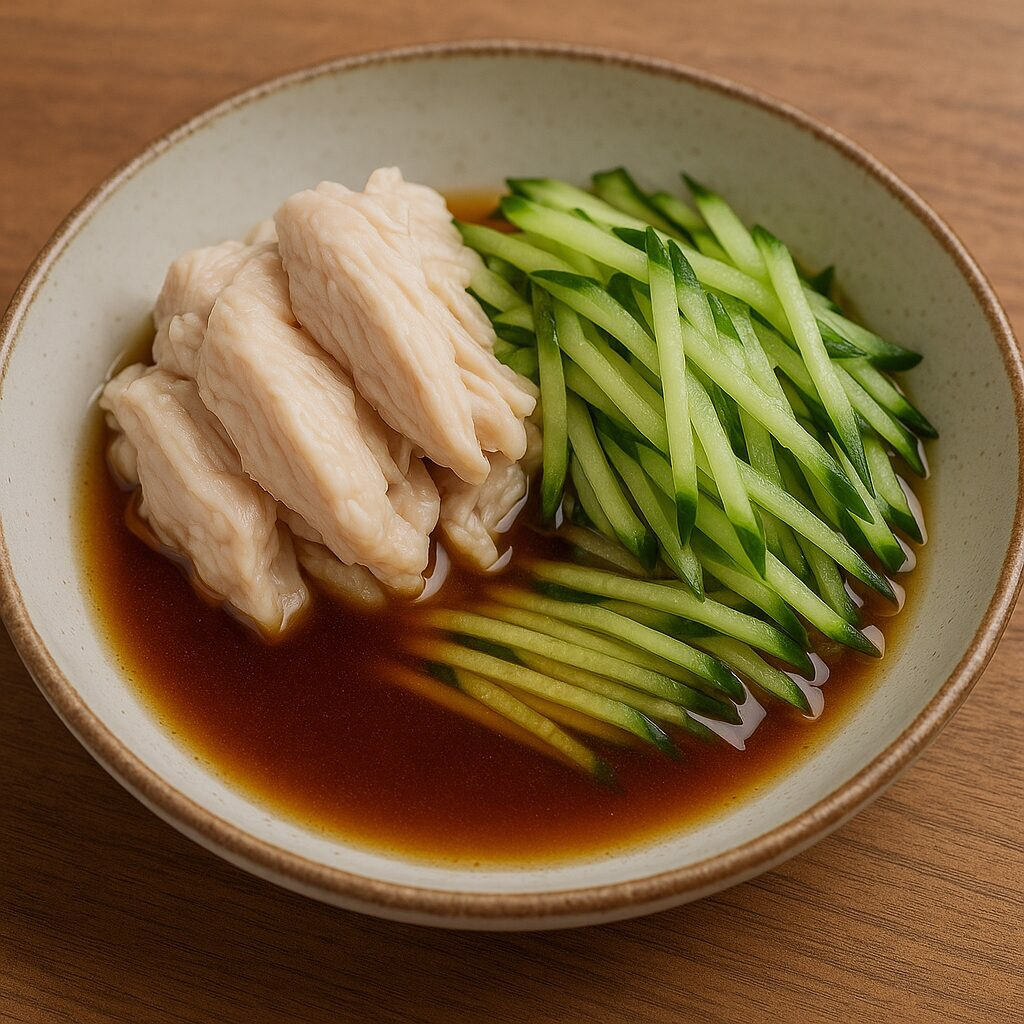 自家製蒸し鶏とキュウリのポン酢かけの画です