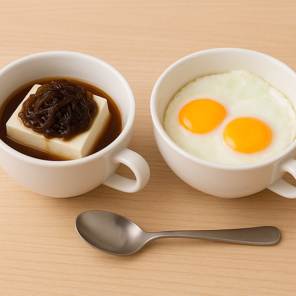 ミニサイズの豆腐に黒酢もずくをかけたものと、レンチンで作った目玉焼きの画