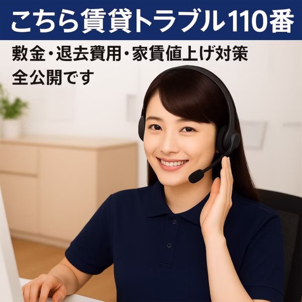 ネイビーのポロシャツを着たコールセンター風の女性がヘッドセットを着け、片手でPC操作しながら笑顔で対応している様子。『賃貸トラブル110番 敷金・退去費用・家賃値上げ対策 全公開です』というテキスト入り。