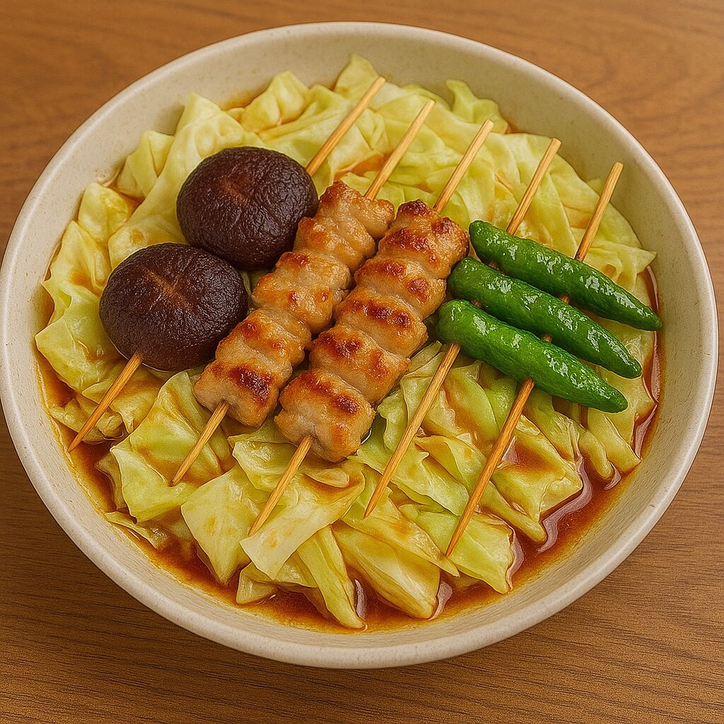 ざく切りキャベツの上からポン酢を掛けて、その上に博多風焼き鳥盛り合わせをのせた画です
