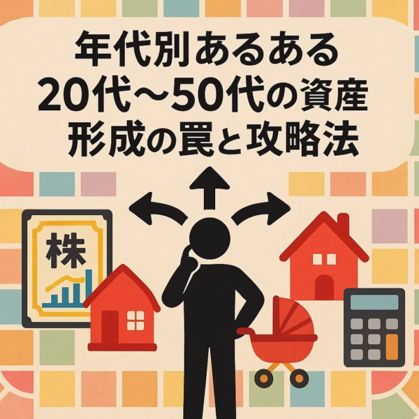 「年代別あるある 20代〜50代の資産形成の罠と攻略法」というタイトルの日本語インフォグラフィック。カラフルなボードゲーム風の背景の中央に、進路を迷うシルエットの人物と、株・家・ベビーカー・電卓のアイコンが整然と配置されている。