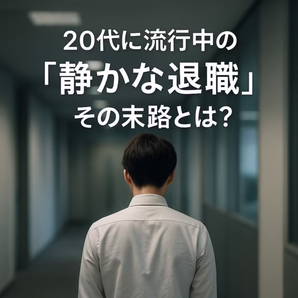 オフィスの廊下を一人歩く、白いシャツ姿の若い男性の後ろ姿。「静かな退職」の孤独な末路を暗示する構図。