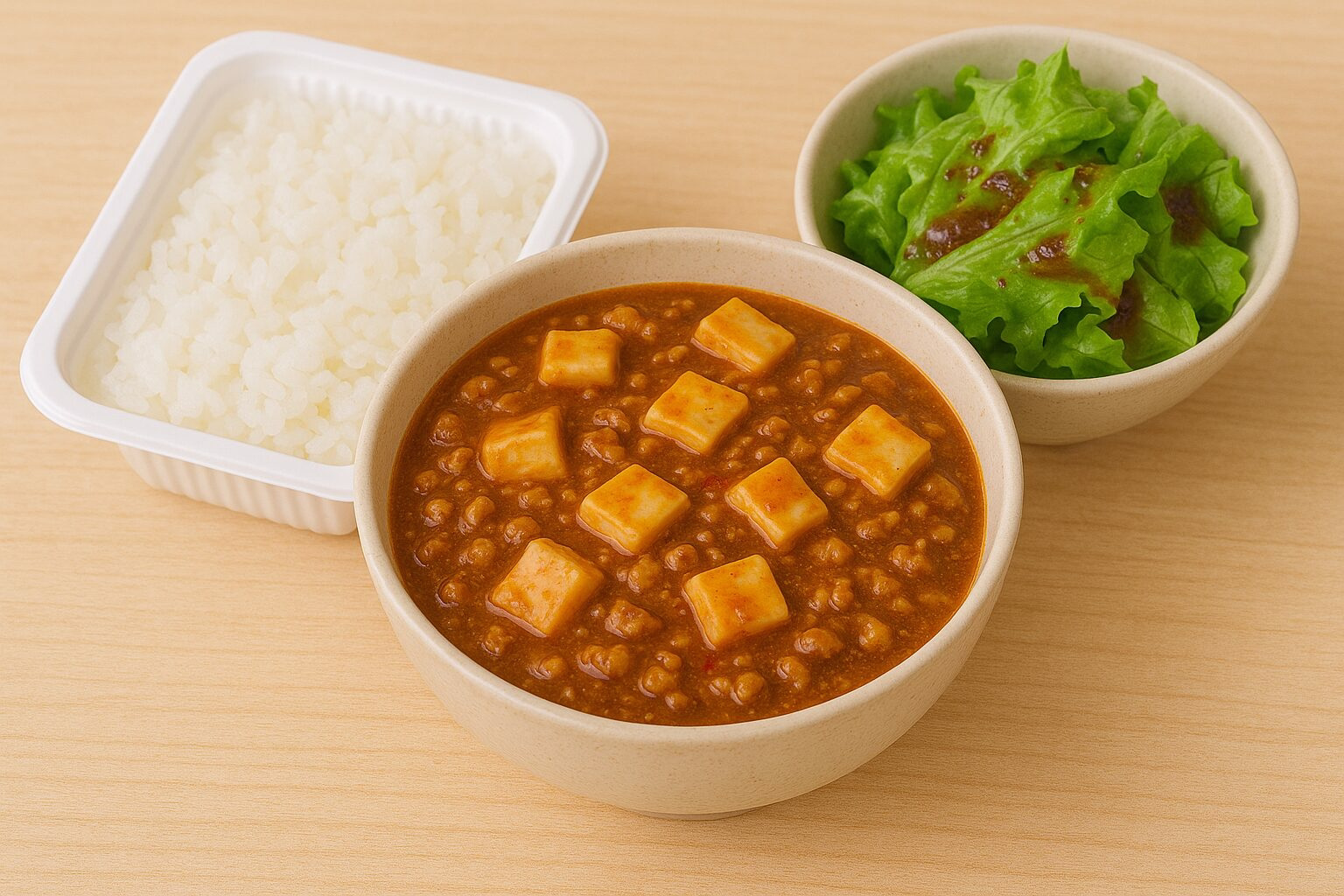 パックご飯、麻婆豆腐、紫蘇ドレッシングをかけたレタスサラダの画です