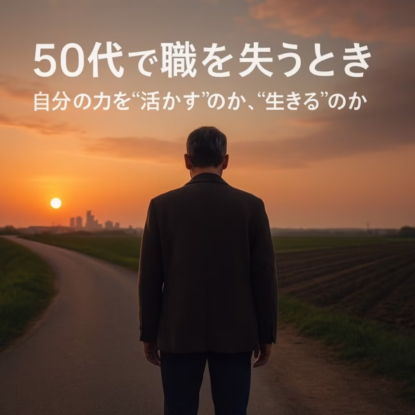 夕暮れの分かれ道に立つ中年男性の後ろ姿。「50代で職を失うとき──自分の力を“活かす”のか、“生きる”のか」という日本語テキストが中央に配置されている画像。