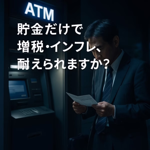 夜のATM前で通帳を見つめる中年男性。「貯金だけで増税・インフレ、耐えられますか？」の問いに重なる不安な情景。