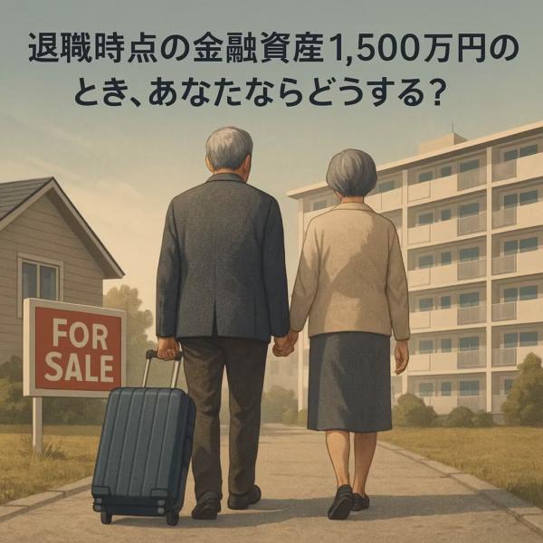 FOR SALEの赤札が出た家を背に、トランクひとつで歩き出す初老の夫婦──退職後1,500万円の老後に向けて、新たな人生の選択をする姿を描いたイラスト