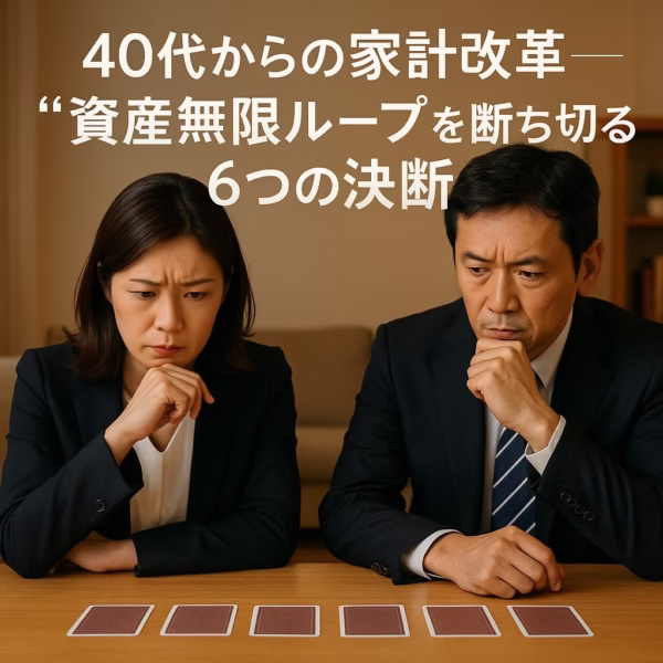 自宅の一室で、スーツ姿の40代夫婦が6枚の裏返しのカードから「次に引く1枚」を真剣に選ぼうとしている。タイトル文字「40代からの家計改革──“資産無限ループ”を断ち切る6つの決断」が画面に表示されている。