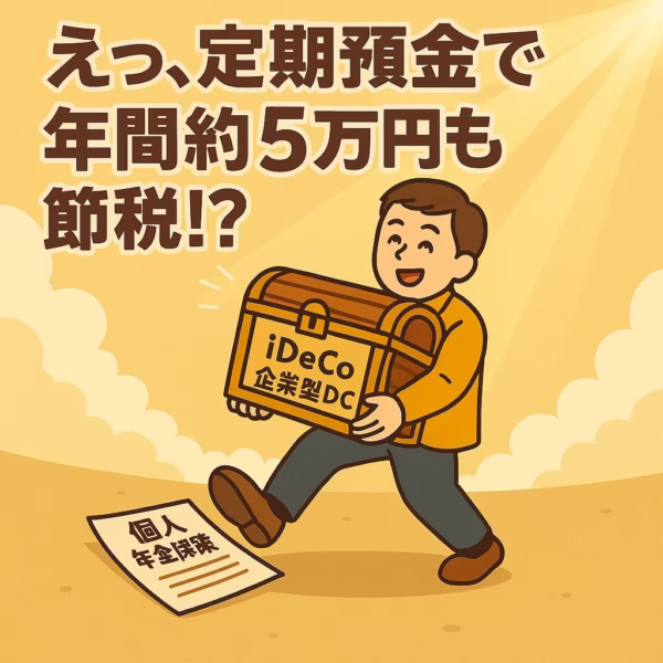 「えっ、定期預金で年間約5万円も節税!?」という見出しとともに、笑顔の男性が「iDeCo・企業型DC」と書かれた宝箱を抱えて歩いている。足元には「個人年金保険」と書かれた紙が落ちているイラスト。