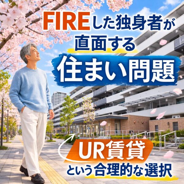UR団地の前で桜を見上げるFIRE後の独身男性のイメージ。FIRE後の住まいとしてUR賃貸を紹介する記事のアイキャッチ
