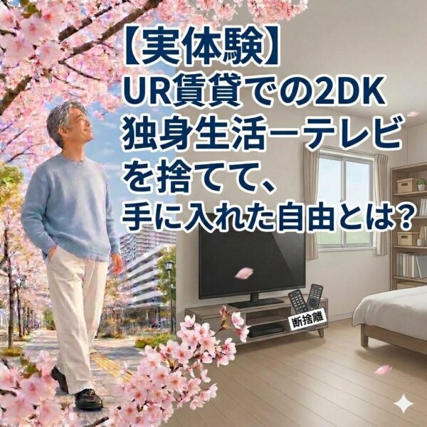 UR賃貸の2DKの部屋で、テレビを処分して晴れやかな表情で外を見上げる50代男性のイメージ画像