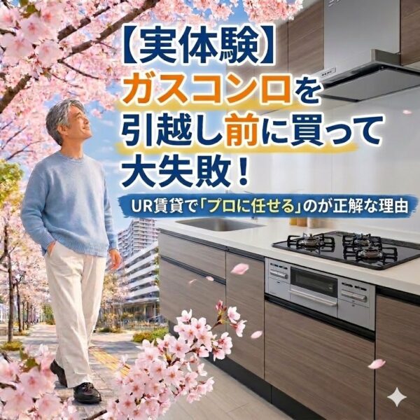 桜並木を歩く男性とシステムキッチンの合成画像。テキスト：【実体験】ガスコンロを引越し前に買って大失敗！UR賃貸で「プロに任せる」のが正解な理由